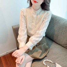 camicia maglia blusa da donna camicetta maniche bianco beige pizzo 35804