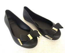 Mini Melissa Little Girls Jelly Shoes Black Flats Gold Bow Sz 11 Ballet Slip On