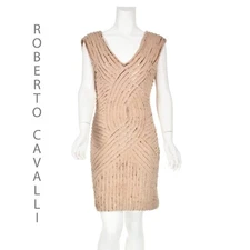 ROBERTO CAVALLI Fuzzy Peach Silk Mini Sheath Dress w Copper Sequins Med 6-8