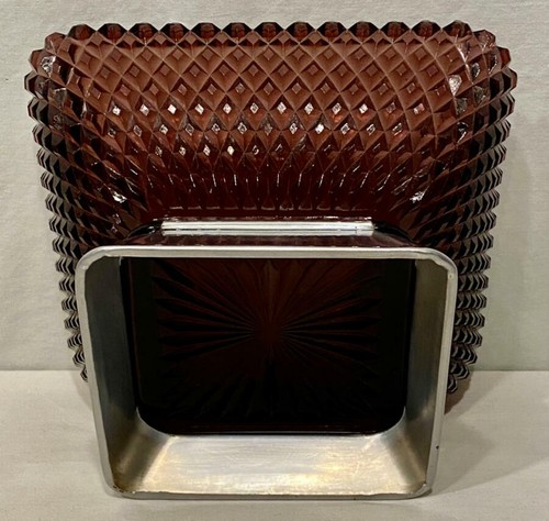 Vtg AMETHYST Glass Diamond Cut Design Chrome Metal Pedestal Bowl Candy Planter - Picture 9 of 12