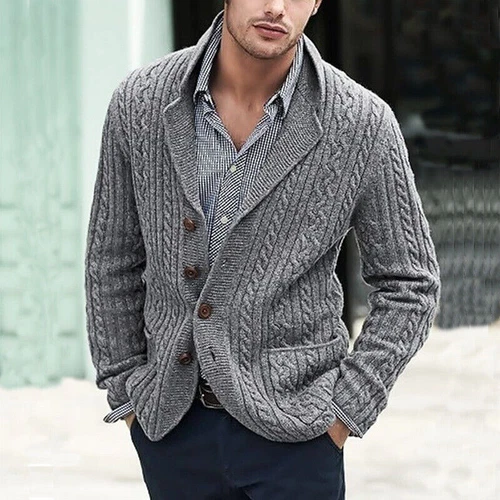 Men's Long Sleeve Cardigan Sweater Single-Breasted Pocket Casual Twisted Sweater - Picture 14 of 24