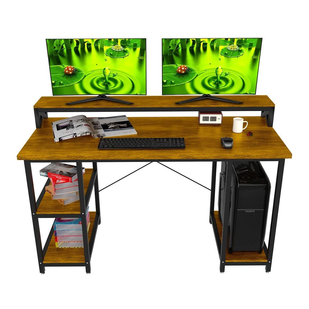 Industrial Wood Computer Desk with Monitor Shelf for Home Office