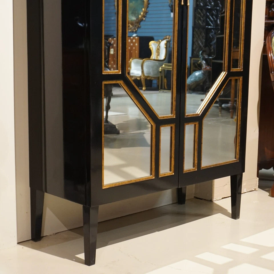 Armario Art Deco Paino Negro 2 Puertas con Hoja de Oro y Puertas Espejadas Foto 3 de 4