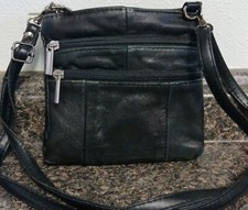 VTG 80's Black Leather Multi Pocket Small Crossbody Festival Bag-6.5x6.5"