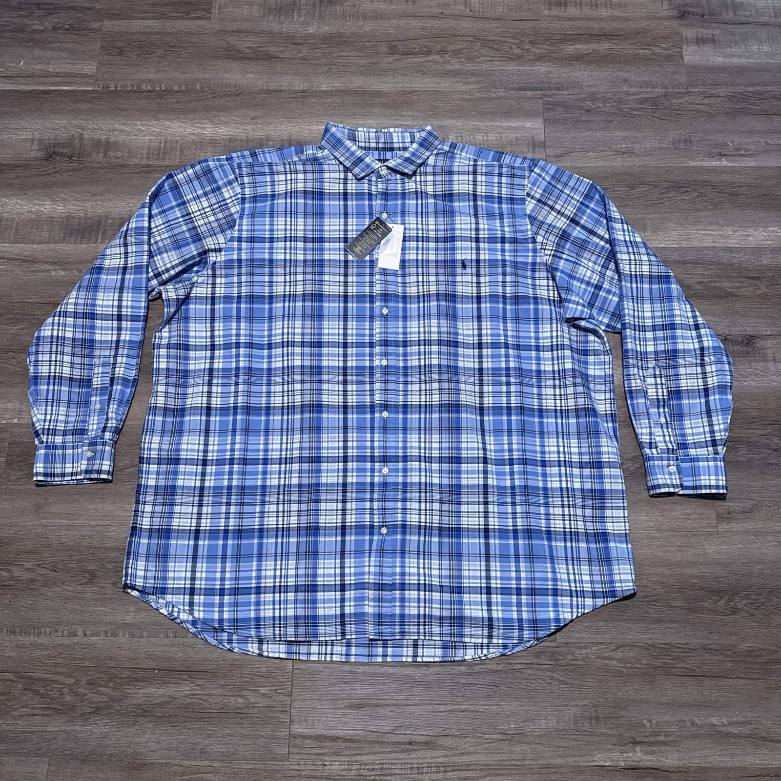 Polo Ralph Lauren Blue Plaid Oxford Long Sleeve Shirt Men's 4XLT 4XL TALL NEW