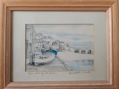 Elizabeth Clarke signierter Druck, gerahmt, St Ives Wharf