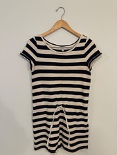 LOFT Navy Ivory Stripe 100% Cotton Drawstring Waist Dress Women's M