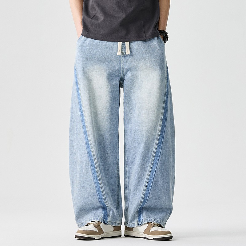 Men Vintage Straight Jeans Elastic Waist Denim Pants Loose Fit