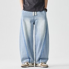 Men Vintage Straight Jeans Elastic Waist Denim Pants Loose Fit Trousers Wide Leg