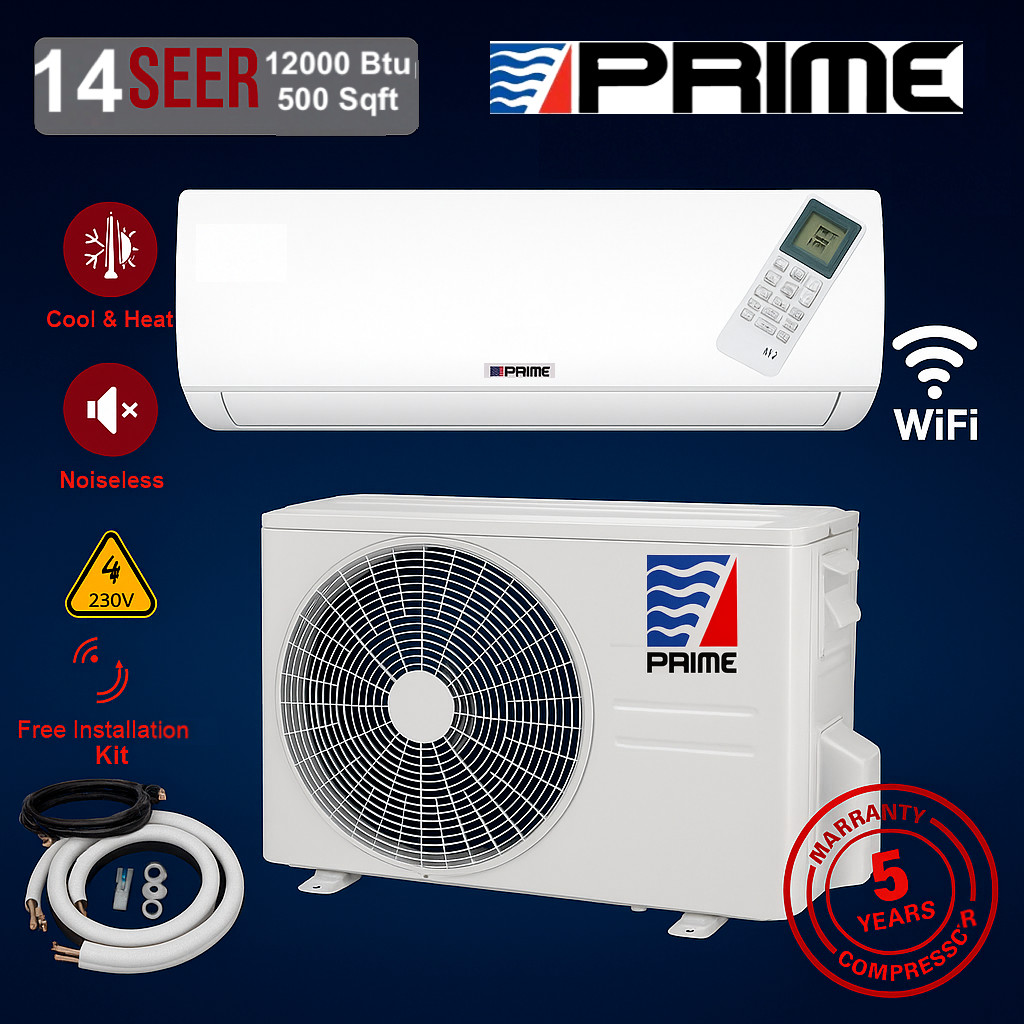 12000 BTU Ductless Mini Split AC Heat Pump WiFi 14 SEER 220V R-410, Kit included