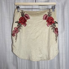 Blue Blush Faux Suede Floral Embroidered Mini Skirt Cream Tan Rose L Coquette
