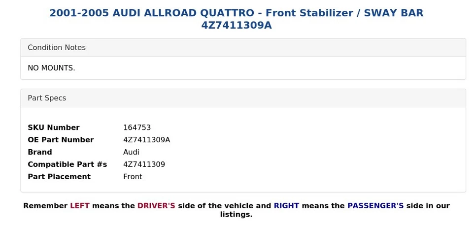 2001-2005 AUDI ALLROAD QUATTRO - Front Stabilizer / SWAY BAR 4Z7411309A - Image 4 of 4