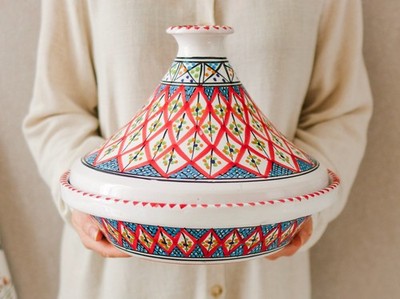 Hand-Painted Tunisian Tagine 32cm | Decorative Ceramic Serving Dish Gift