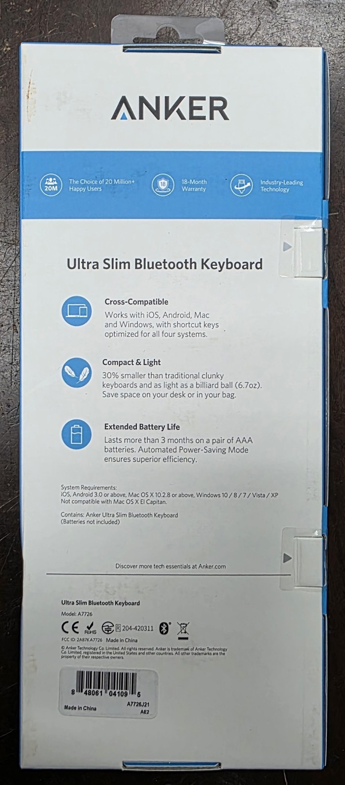 New Anker A7726 White Ultra Compact Slim Wireless Bluetooth Keyboard