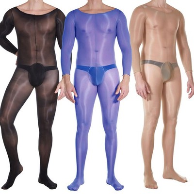 High Gloss Oil Shiny Men Full Bodystocking Nylon Bodysuit Tights Pouch Underwear
