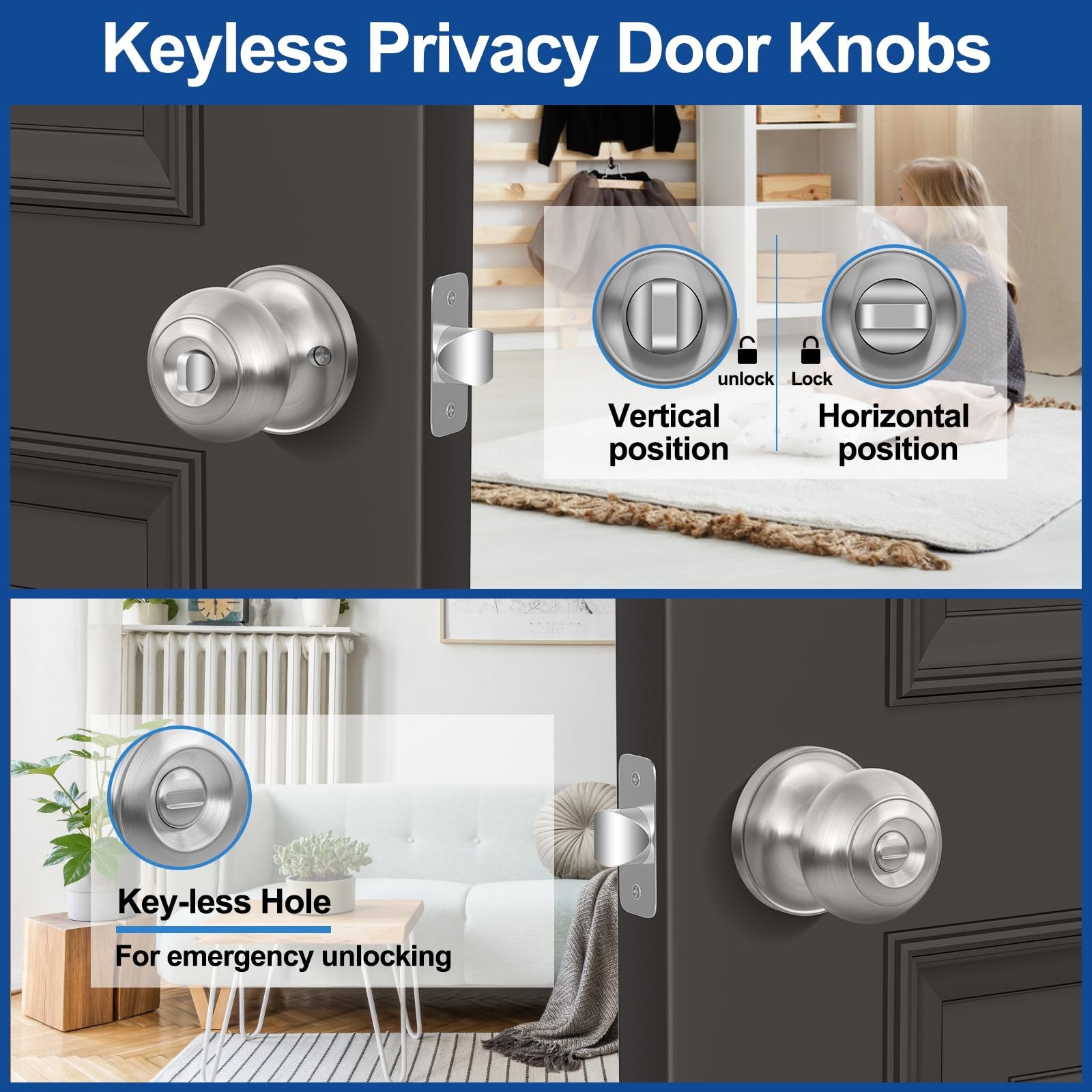 Privacy Door Knob, Brushed Nickel Door Knobs Interior Keyless Locks Set(6 Pack),
