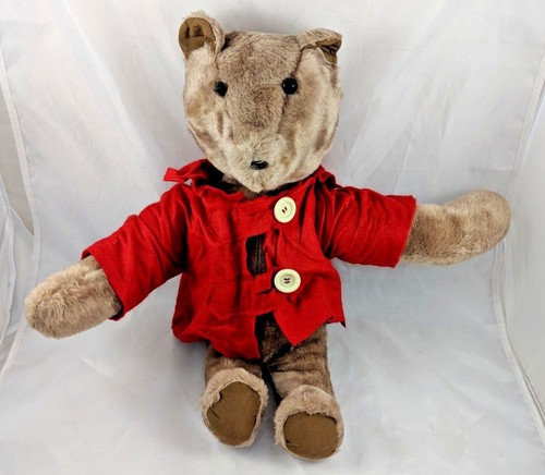 Vintage Teddy Bear Plush 18 Inch Red Button Jacket Paddington Stuffed Animal - Picture 1 of 8