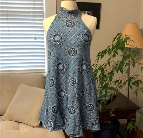 Judith March Halter Bandana Dress Stretchy Paisley Hippie Boho Blue Mini Y2k S - Bild 3 von 9