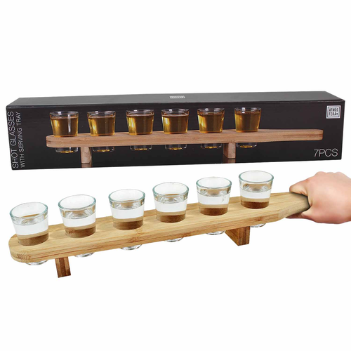 Set 6 Shot Glasses Wooden Carrier Serving Tray Party Drink Whisky Vodka Tequilla - Picture 2 of 6