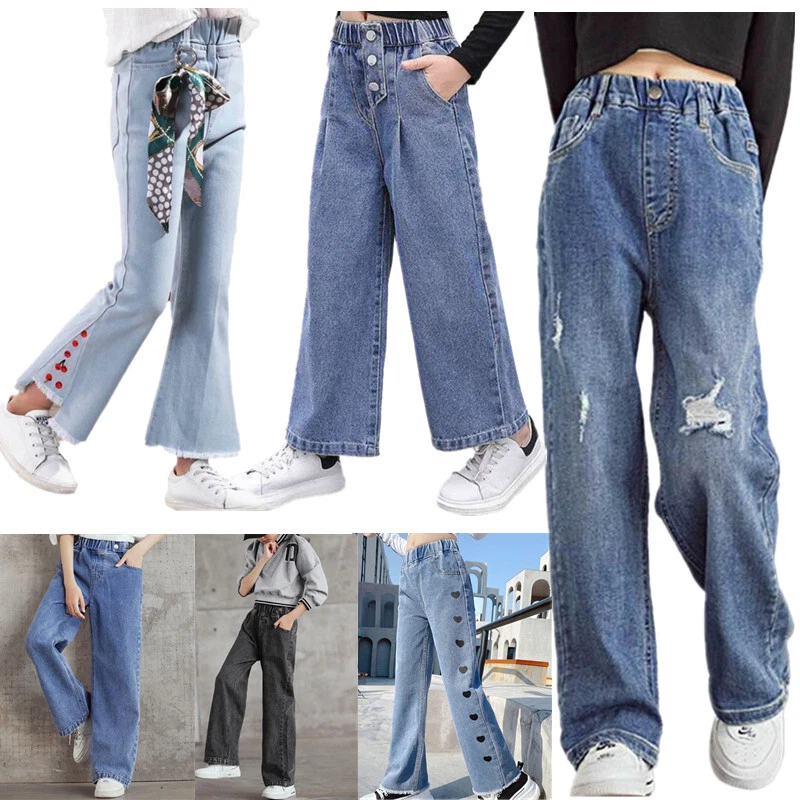 Girls Pants Bootcut Denim Trousers Casual Jeans Pants Loose Kids Pants Wide  Leg