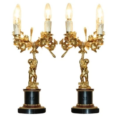 PAR DE LÁMPARAS DE MESA ANTIGUAS VICTORIANAS BRONCE DORADO MÁRMOL QUERUBÍN CANDELABRO - Imagen 1 de 4