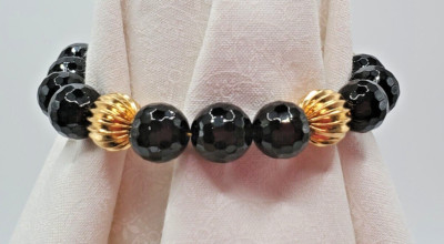 Neu 7 3/4'' Echtes facettiertes schwarzes Onyx Armband mit GP Perlen & Karabinerverschluss