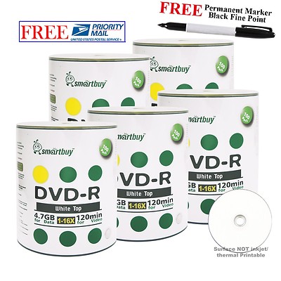500 Pcs Smartbuy DVD-R 16X 4.7GB White Top Blank Disc + Black Permanent Marker