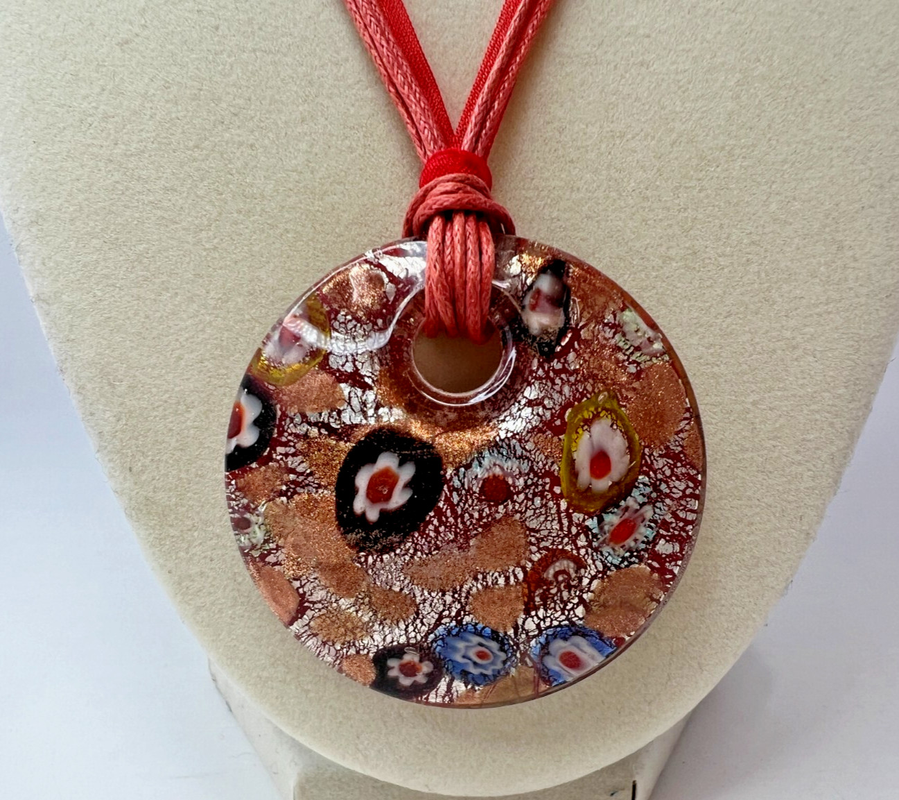 Art Glass Murano Style Pendant Statement Necklace Glass Floral Glittery BOHO