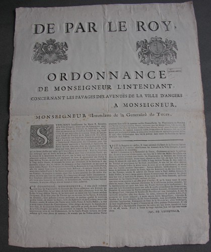 ANGERS. Affiche concernant le Pavage des Avenues. 1732