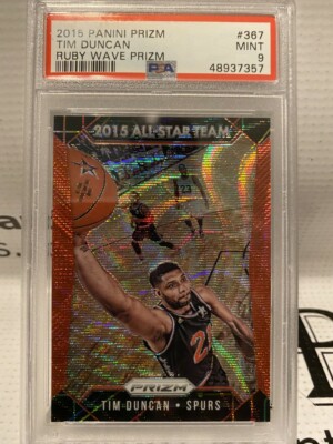 PSA Mint 9 2015 Panini Prizm Tim Duncan Ruby Wave Prizm Refractor Card #'d /350