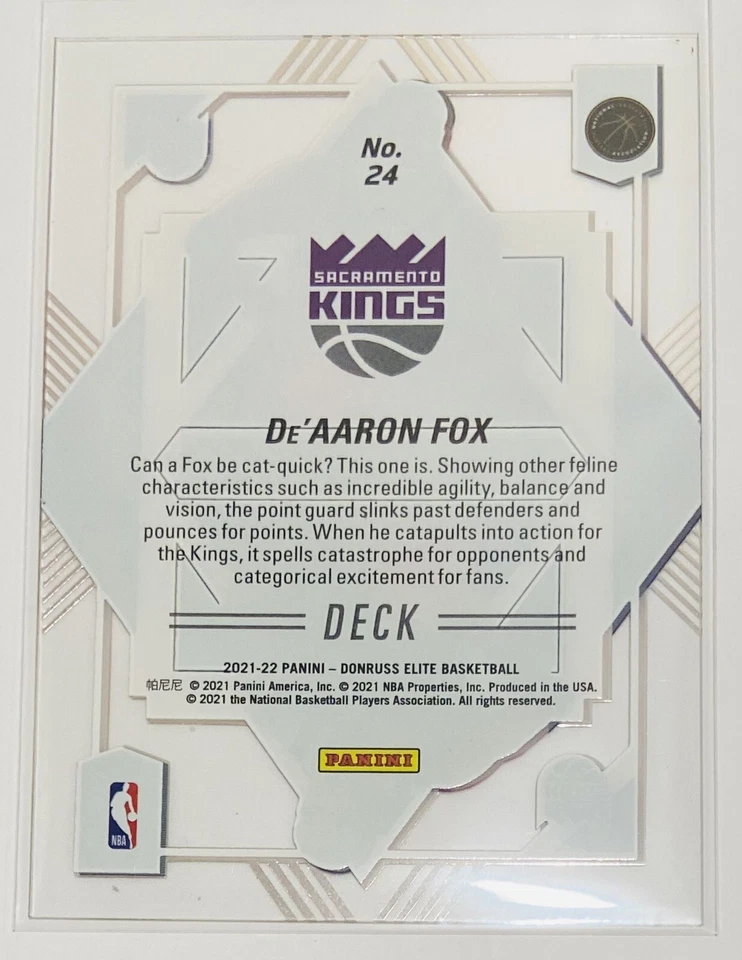 2021-22 Panini Donruss Elite Deck De’Aaron Fox #24 NBA Sacramento Kings - Image 2 of 2