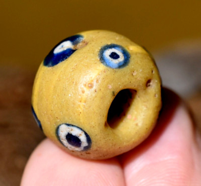 Ancient Yellow Islamic Mandrel Wound Trade Bead Blue White Cane Eyes Mali Africa
