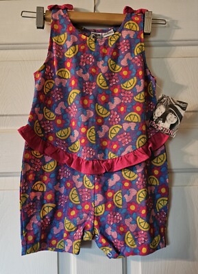 Vintage Kids N' Fun Girls Lemon Strawberry Fruit Floral Romper Jumpsuit Size 4T