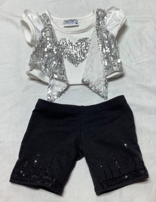 Build A Bear White Sparkly Silver Heart Outfit Set Y2K Top Shirt shorts