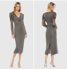 NWT Mac Duggal 93674 Size 14 Beaded Wrap Puff Long Sleeve Dress Charcoal Gray