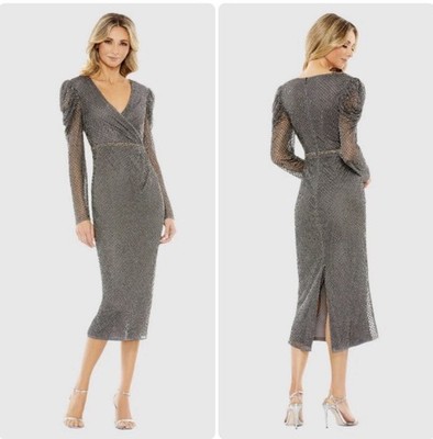 NWI Mac Duggal 93674 Size 14 Beaded Wrap Puff Long Sleeve Dress Charcoal Gray