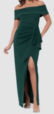 Xscape Women's Green Scuba Solid Ruched Off-Shoulder Side Slit Dress Size 10