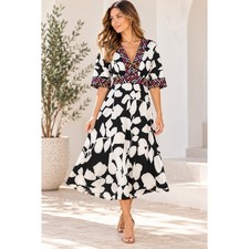 Donna Morgan Womens 14 Black White Floral A Line Midi Dress Stretch Luxe Chic