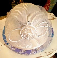 Giovanna Signature White Wide Brim Formal Church Hat w/ Satin Rose Flower