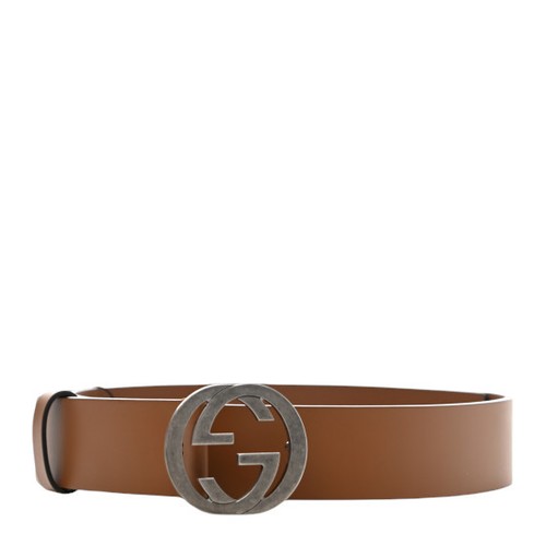 Authentic Men's Gucci Brown Selleria Interlocking G Leather Buckle Belt New