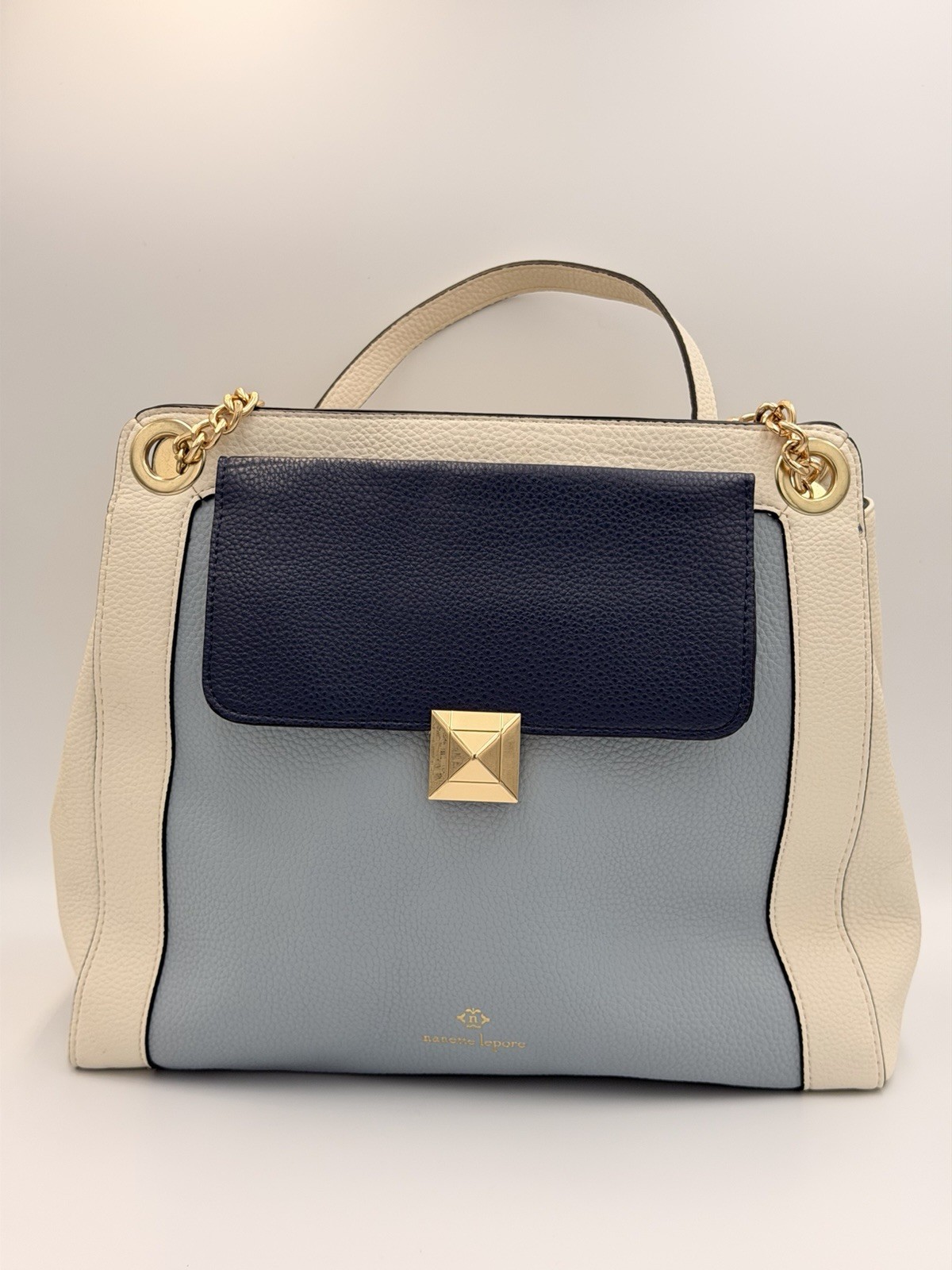 Nanette Lepore Colorblock Shoulder Bag Blue Ivory Vegan Leather Gold Chain Purse
