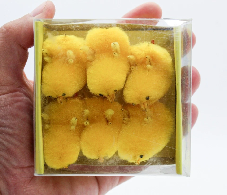 Vintage Pack of 6 Furry Yellow Chicks Cake Toppers Easter Decoration in Box - Image 2 of 4