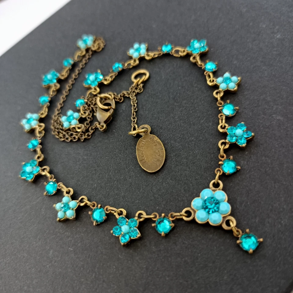 Michal Negrin Necklace Floral Star Flowers Turquoise Tone Crystals Romantic VTG - Image 3 of 4