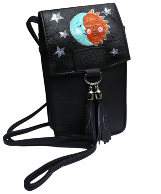Boho Black Leather Crossbody Bag Painted Sun Moon and Stars Bohemian Handbag