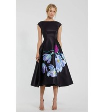 Mac Duggal Women's Black Multi Satin Cap Sleeve Midi Dress Floral Print 16 NWT