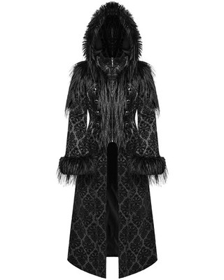Punk Rave Damen langer Gothic Damast & Kunstfell Mantel mit Kapuze