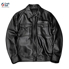 Men's Leather Jacket Zip Front Shirt Collar Chest Pocket Casual Coat