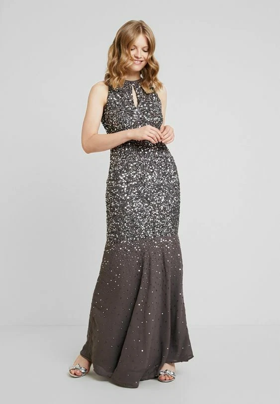 New Maya Deluxe Grey Sequin Chiffon Keyhole Front Maxi Dress UK 10 12 rrp  £155 | eBay