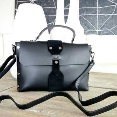 SALE Black Italian Leather Crossbody Satchel Flap Bag Handmade