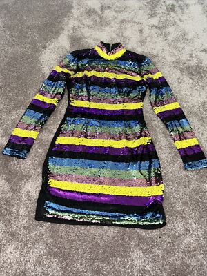 PLT neon striped sequins standout! high neck long sleeved dress